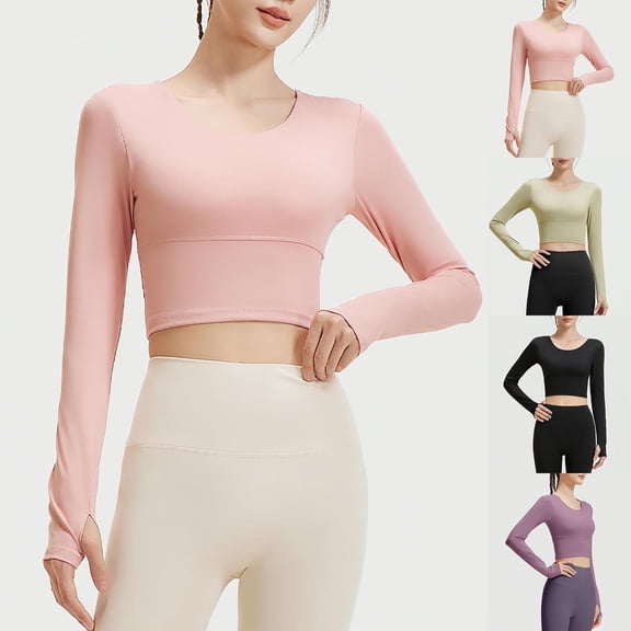 FRSASU Women's Long Sleeves Round Neck Workout Crop Tops Yoga Sports Shirts Fitness Activewear Purple