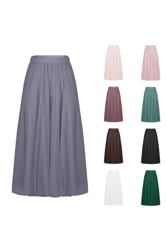 Women's Long Tulle Skirts Elastic High Waist Gauze A-Line Layered Mesh Casual Loose Flowy Skirt White