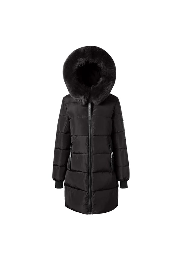 Women's Long Winter Puffer Coat Warm Jacket Faux Plush Hood Long Sleeve Solid Color Casual Coat Black