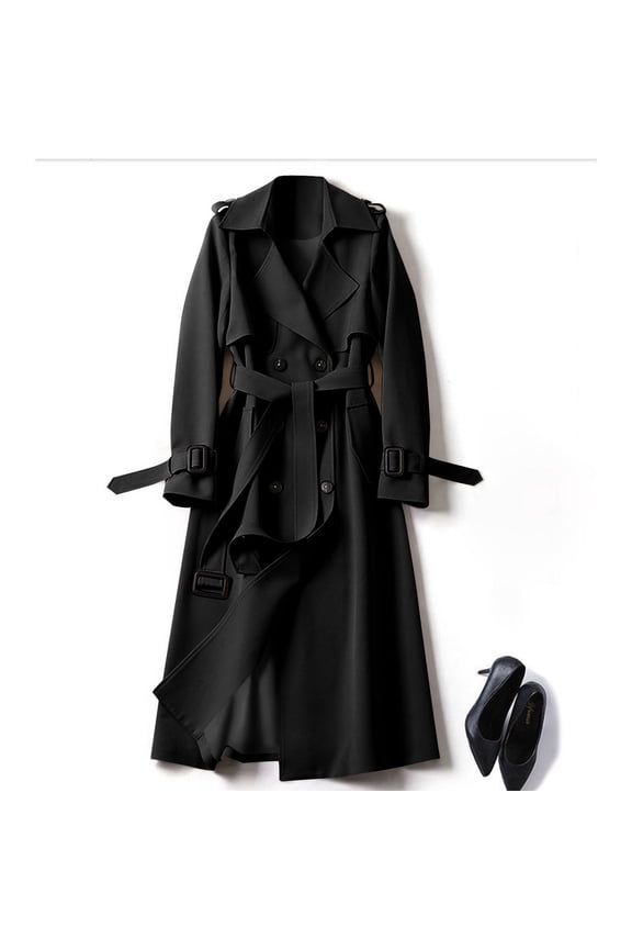 Women's Long sleeved Double Breasted Long Trench Coat Windproof Classic Lapel Slim Overcoat with Belt Black