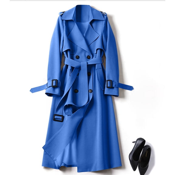 FRSASU Women's Long sleeved Double Breasted Long Trench Coat Windproof Classic Lapel Slim Overcoat with Belt Blue