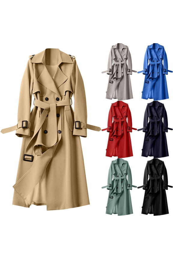 Women's Long sleeved Double Breasted Long Trench Coat Windproof Classic Lapel Slim Overcoat with Belt Red