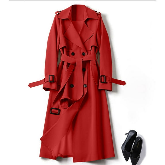 FRSASU Women's Long sleeved Double Breasted Long Trench Coat Windproof Classic Lapel Slim Overcoat with Belt Red