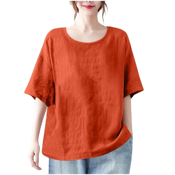 FRSASU Women's Loose Cotton Linen T-shirt Half Sleeve Tops Round Neck Solid Color Shirts Orange