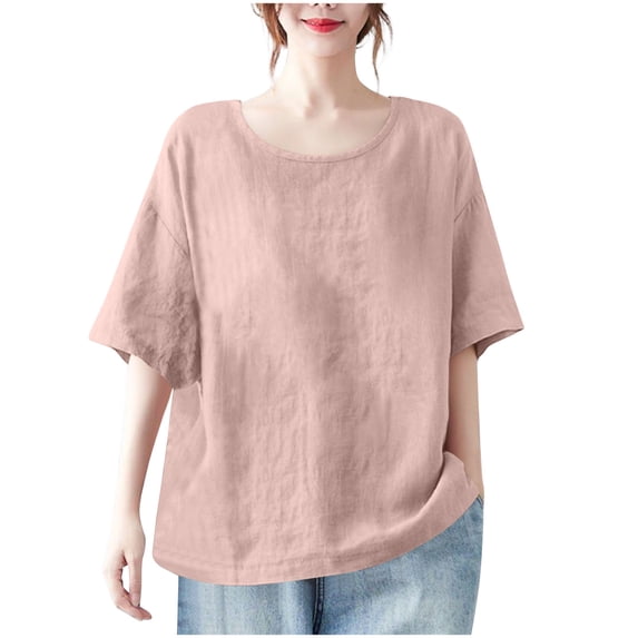 FRSASU Women's Loose Cotton Linen T-shirt Half Sleeve Tops Round Neck Solid Color Shirts Pink