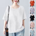thumbnail image 1 of FRSASU Women's Loose Cotton Linen T-shirt Half Sleeve Tops Round Neck Solid Color Shirts White, 1 of 6