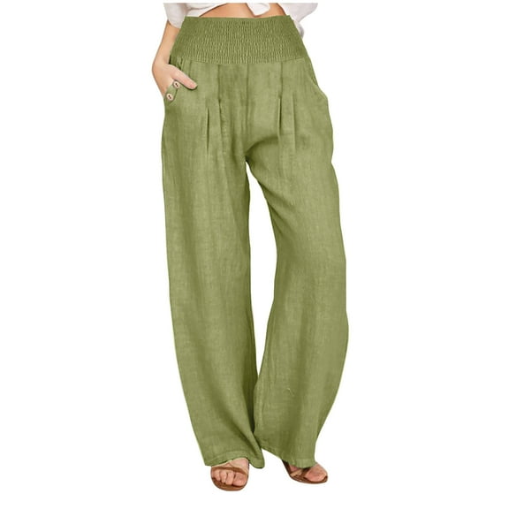 FRSASU Women's Loose Wide Leg Pants Cotton Linen High Waist Straight Leg Casual Pants with Pocket Green