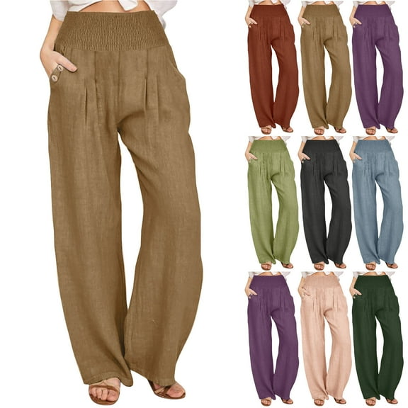 FRSASU Women's Loose Wide Leg Pants Cotton Linen High Waist Straight Leg Casual Pants with Pocket Purple