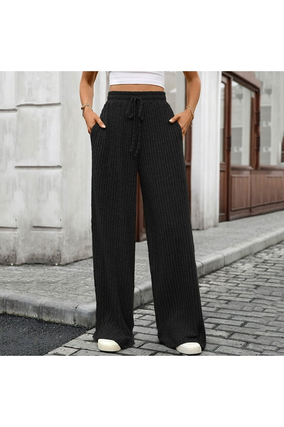Women's Lounge knit Pants Wide Leg Loose Slacks Drawstring High Waist Pants Casual Trousers with Pockets Black