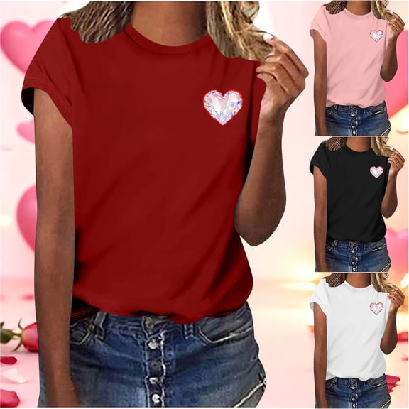 FRSASU Women's Love Heart Printed T Shirt Short Sleeve Loose Shirt Crew Neck Casual Tee Top White
