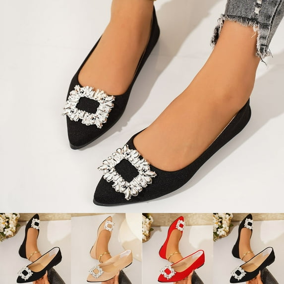FRSASU Women's Low Chunky Block Heels Rhinestone Pointed Toe Pumps Shoes Comfortable Dress Wedding Shoes Red