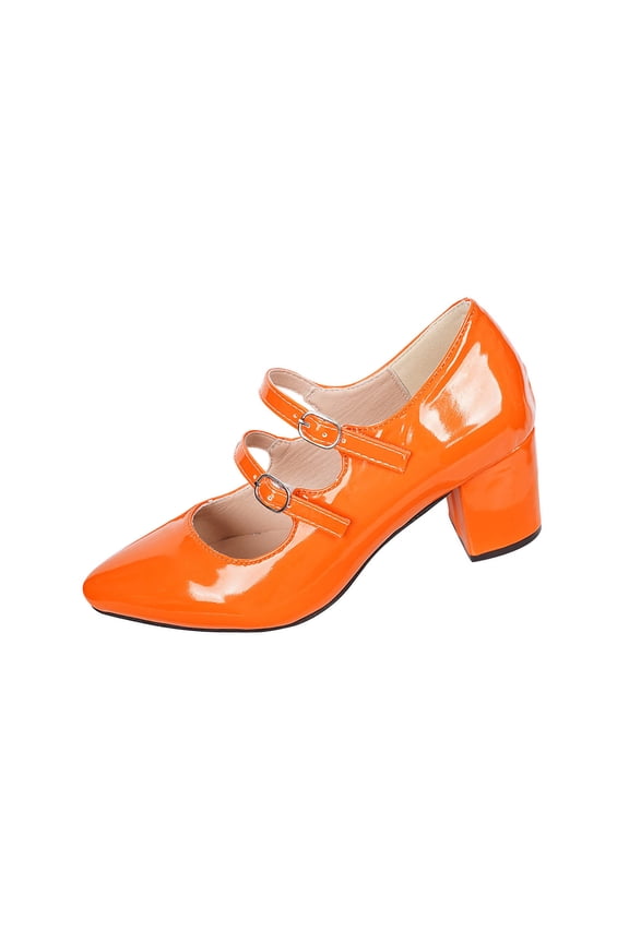 Women's Mary Jane Shoes Classic Mid Heels, Comfortable office Pumps with Buckle Strap Vintage Dress Shoes Orange