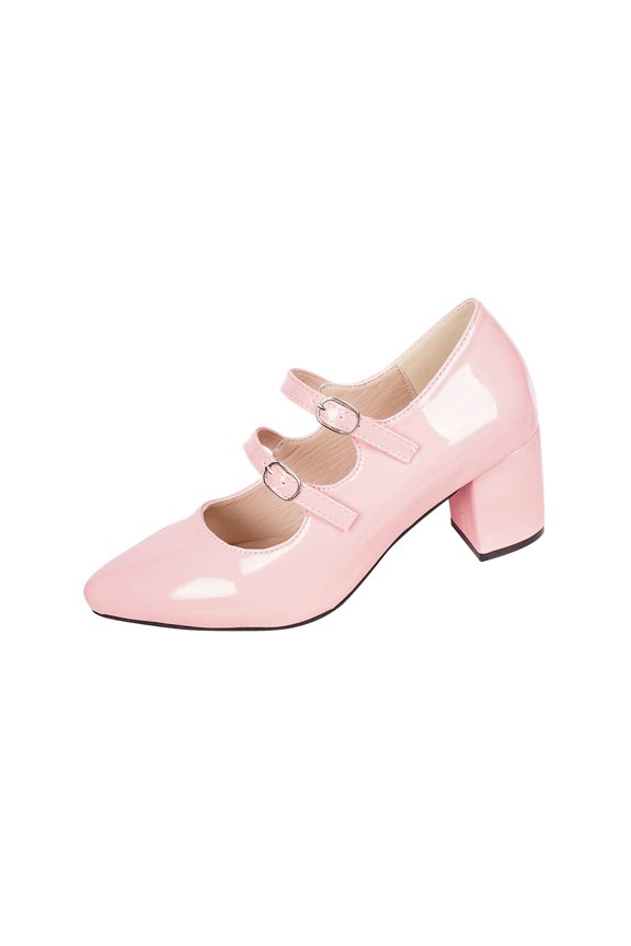 Women's Mary Jane Shoes Classic Mid Heels, Comfortable office Pumps with Buckle Strap Vintage Dress Shoes Pink