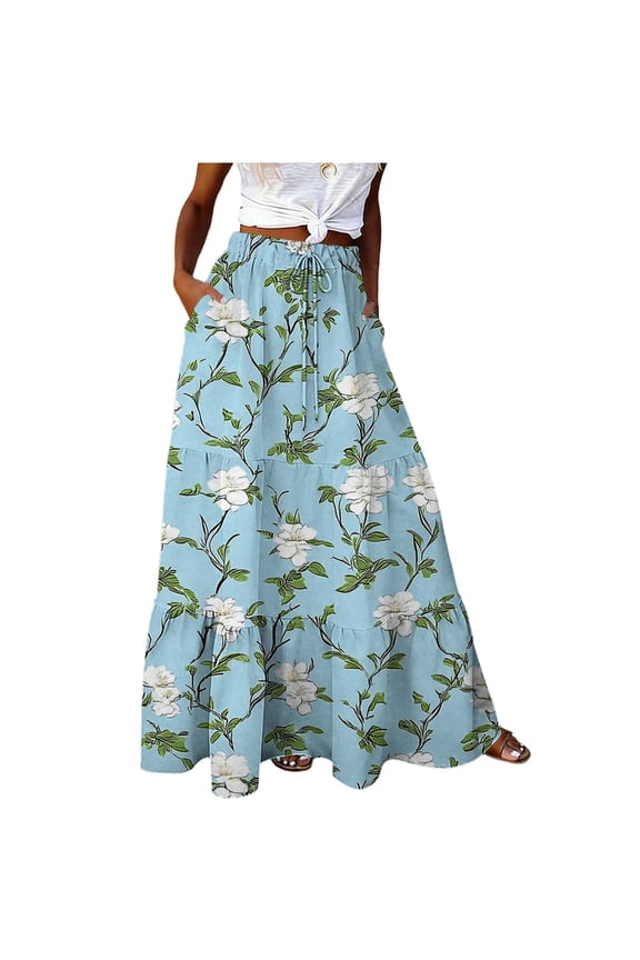 Women's Maxi Skirt Chiffon Floral Flowy Long Skirts Summer Boho Pleated A Line Ruffle Skirt Vacation Outfits Light Blue-C