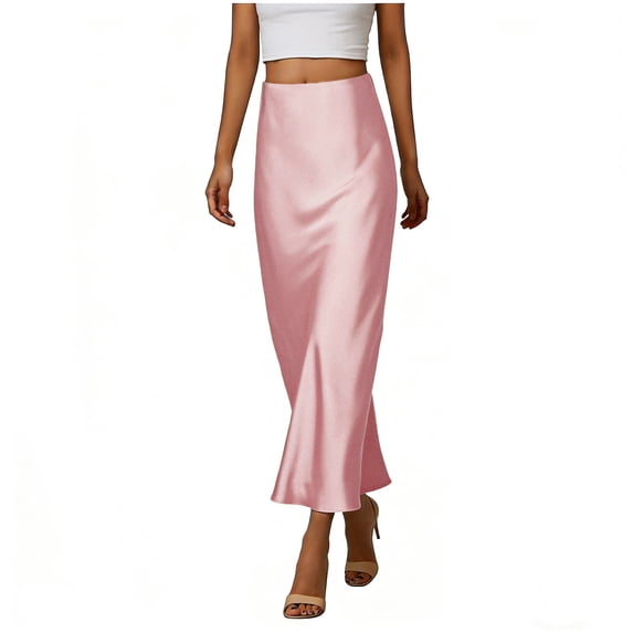 FRSASU Women's Maxi Skirts Satin High Waisted Silk Elegant Flowy Casual A-Line Long Skirt for Women Pink