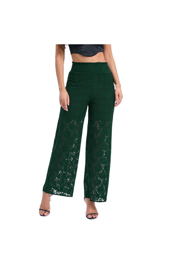 Women's Mesh Lace Wide Leg Pants High Waisted Dressy Trousers Overlay Palazzo Sheer Goth Long Trousers Green