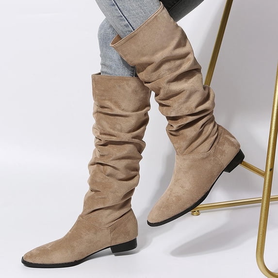 FRSASU Women's Mid Calf Comfortable Fashion Dress Boots for Women leisure pointed tip Low Heel Beige