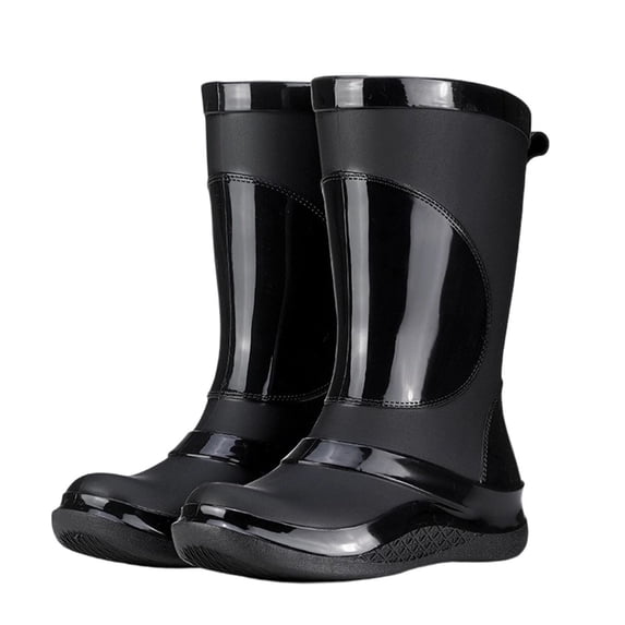 FRSASU Women's Mid‑Calf Rain Boots, Glossy & Matte Spliced Waterproof PVC Boots Non‑Slip Thick Sole Outdoor Garden Shoes Black