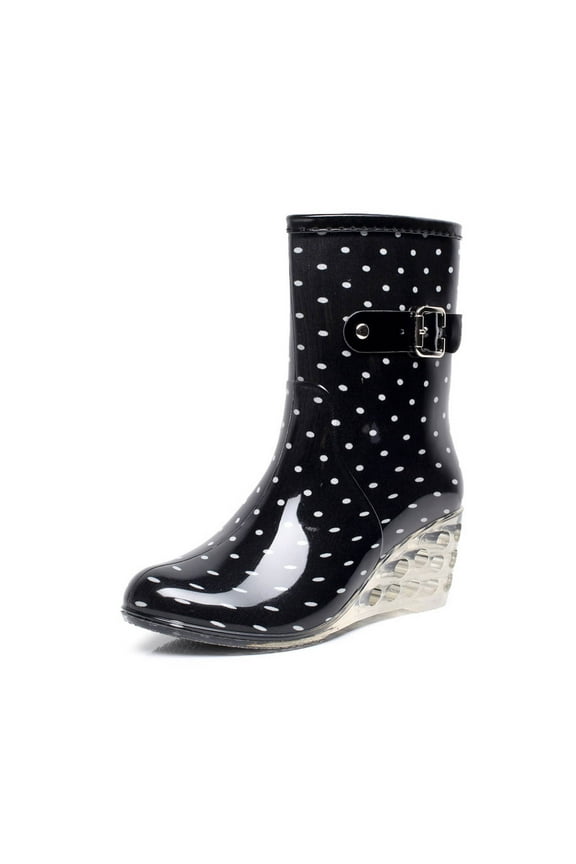 Women's Mid Calf Rain Boots Waterproof Garden Shoes Buckle Side Zipper High-heeled Transparent Wedge Rain Shoes On