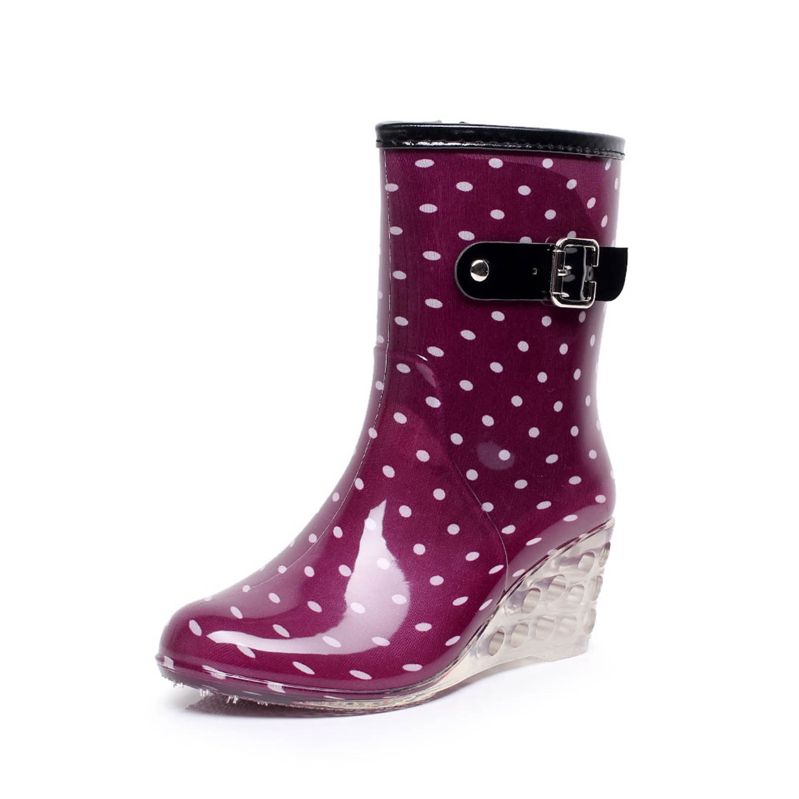 FRSASU Women's Mid Calf Rain Boots Waterproof Garden Shoes Buckle Side Zipper High-heeled Transparent Wedge Rain Shoes On