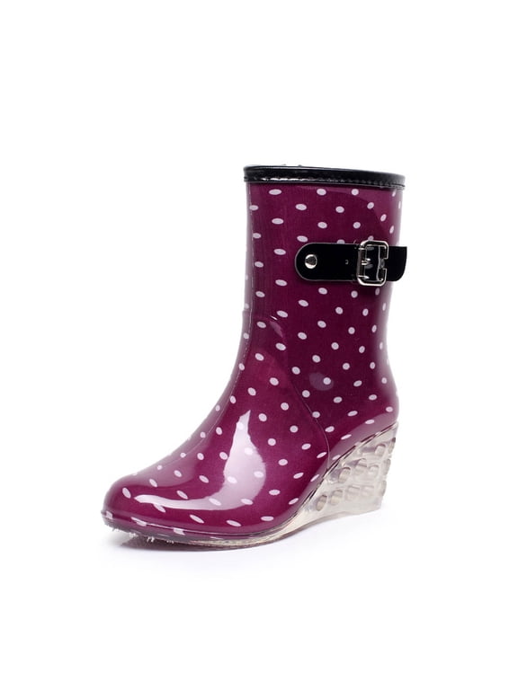 Women's Mid Calf Rain Boots Waterproof Garden Shoes Buckle Side Zipper High-heeled Transparent Wedge Rain Shoes On
