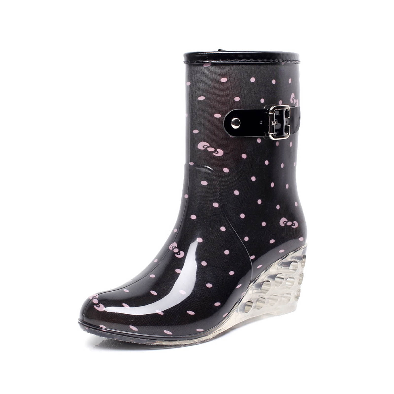 FRSASU Women's Mid Calf Rain Boots Waterproof Garden Shoes Buckle Side Zipper High-heeled Transparent Wedge Rain Shoes On