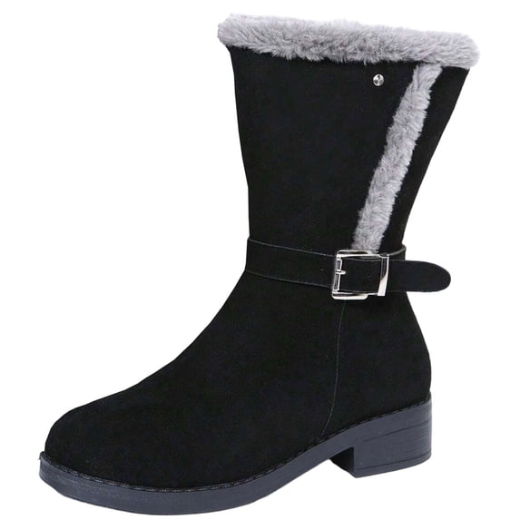 FRSASU Women's Mid-Calf Snow Boots Faux Fur Lining Non Slip Comfort Winter Snow Hiking Boots with Side Zipper Black
