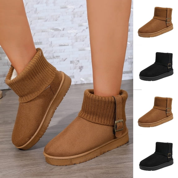 FRSASU Women's Mid-Calf Snow Boots Round Toe High Platform Heel Slip On Faux Fur Lined Winter Boots Brown