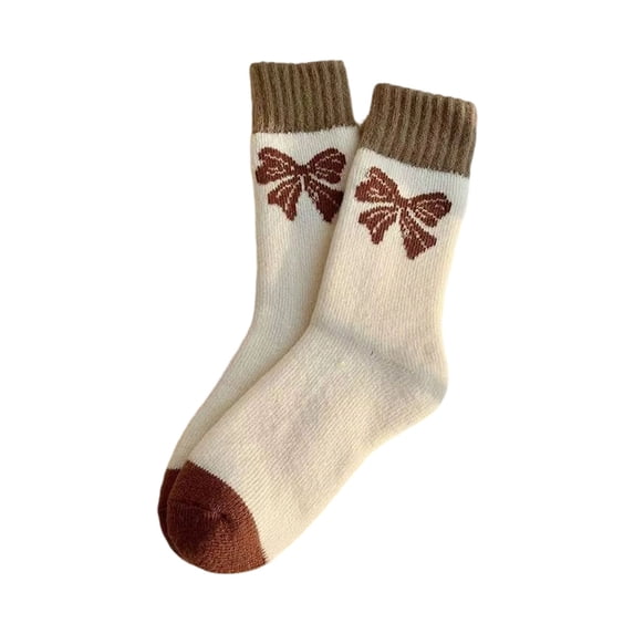 FRSASU Women's Mid-Calf Socks Bow Tie Patten Trendy Unisex Cute Socks for Daily Wear Beige