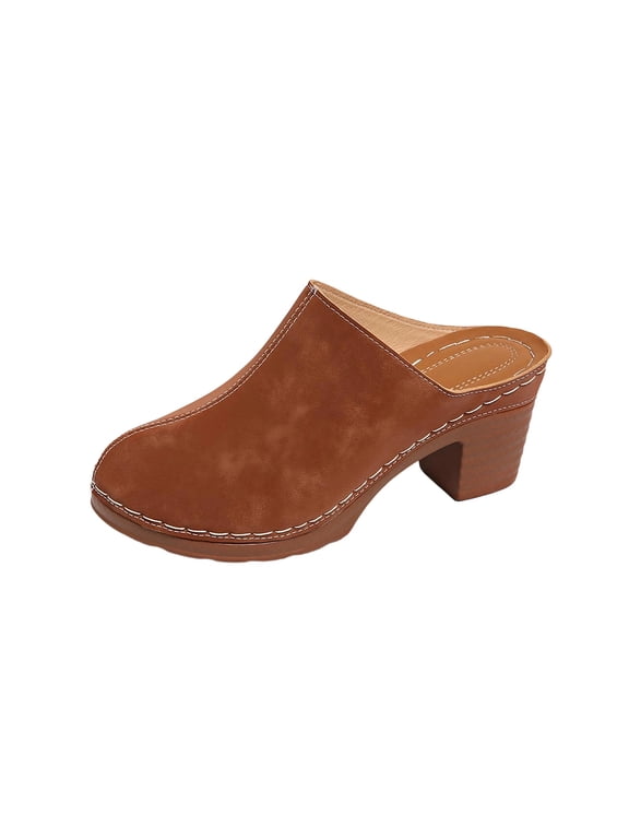 Women's Leather Mules Soft Non Slip Wedge Slip-On Closed Toe Sandals Summer Casual Walking Platform Slides Brown