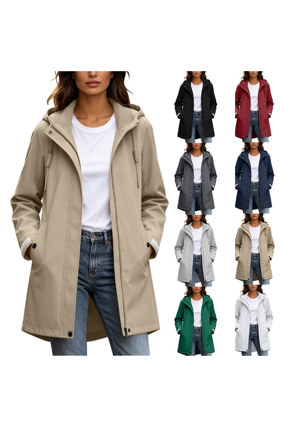 Women's Mid Length Hooded Rain Trench Coat Drawstring Waist Full Zip Snap Button Windproof Jacket Shell for Outdoor White
