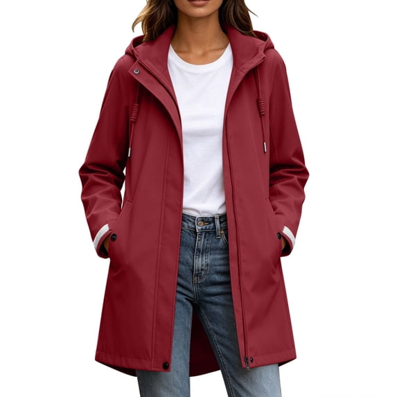 FRSASU Women's Mid Length Hooded Rain Trench Coat Drawstring Waist Full Zip Snap Button Windproof Jacket Shell for Outdoor Wine