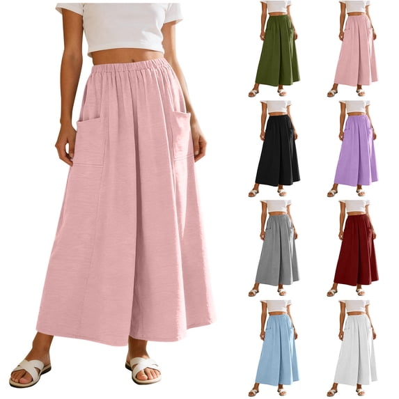 FRSASU Women's Midi Skirt Elastic High Waisted Flowy A-Line Casual Pull-On Summer Boho Vacation Skirts with 2 Pockets White