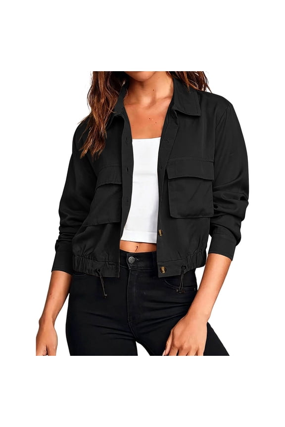 Women's Military Safari Cropped Jackets Button Down Lightweight Oversized Utility Anorak Coat with Pockets Black