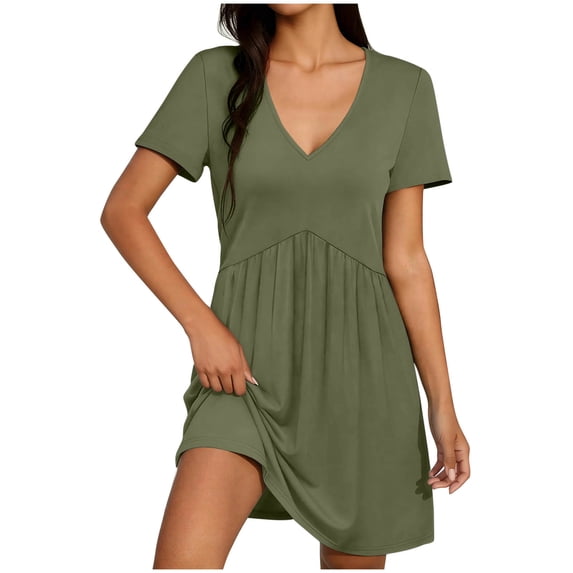 FRSASU Women's Mini Dress Casual V Neck Short Sleeve Pleated Dresses Solid Color Loose Fit Fashion Summer Dress Army Green