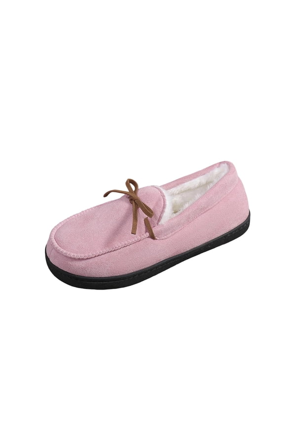 Women's Moccasin Slippers Warm Lined Lace-Up Cozy Bow Indoor & Outdoor Loafers Shoes for Women Pink