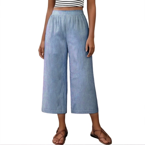 FRSASU Women's Multi Color Striped Linen Cropped Pants Wide Leg Elastic Waist Casual Cropped Pants with Pockets Blue