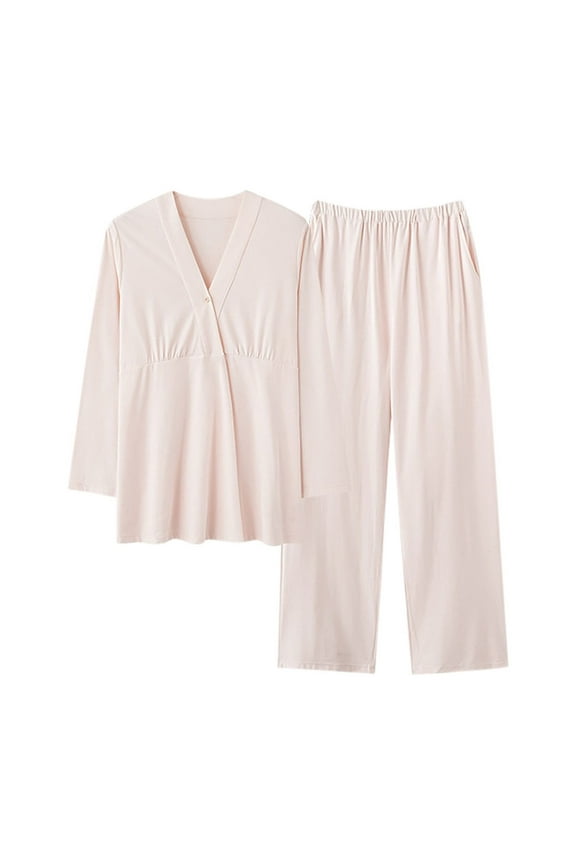 Women's Multifunctional Maternity Clothing Postpartum Clothing Pajamas Chest Pad Long Sleeved V Neck Set Pink