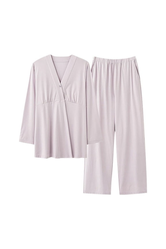 Women's Multifunctional Maternity Clothing Postpartum Clothing Pajamas Chest Pad Long Sleeved V Neck Set Purple