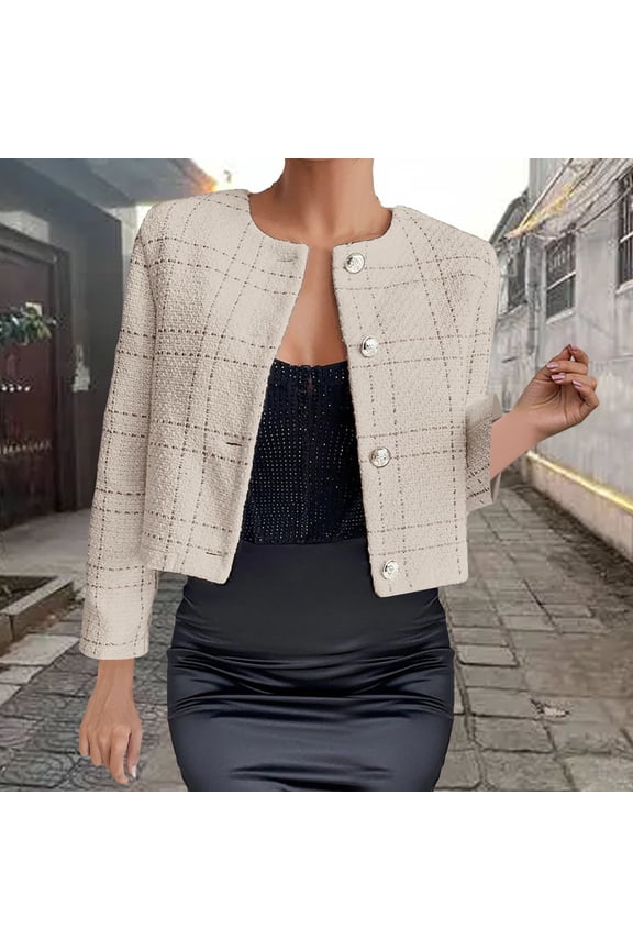 Women's New Checkered Pattern Button Front Coat Elegant Round Neck Long Sleeve Coat Khaki
