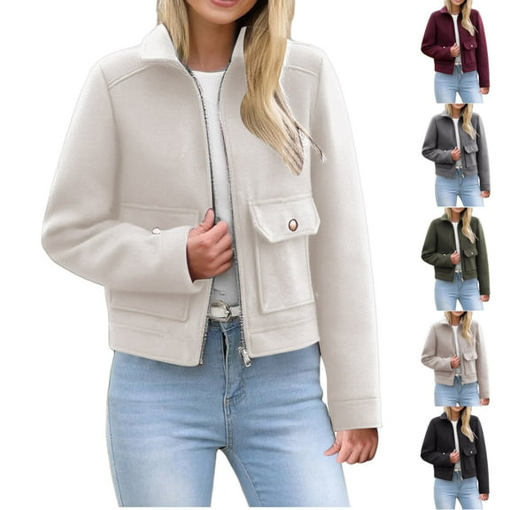 FRSASU Women's New Jacket Fashion Casual Long Sleeve Casual Zip up Loose Coat Top White S(S)