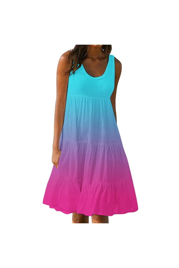 Women's Ombre Dress Summer Scoop Neck Sleeveless Sundress Casual Loose Gradient Ruffle Tiered Dresses Blue