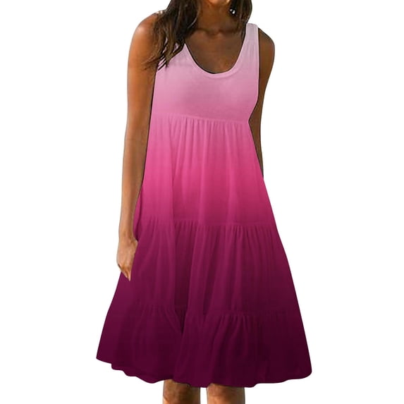 FRSASU Women's Ombre Dress Summer Scoop Neck Sleeveless Sundress Casual Loose Gradient Ruffle Tiered Dresses Hot Pink
