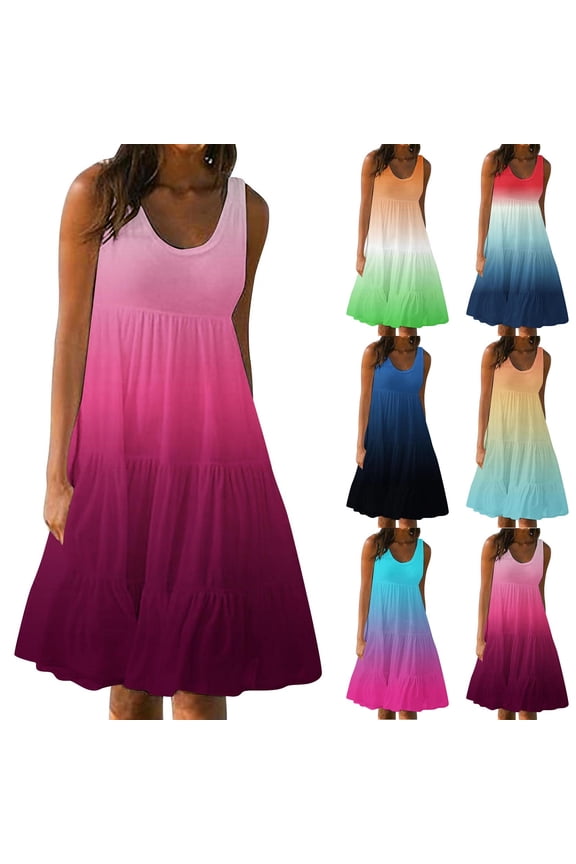 Women's Ombre Dress Summer Scoop Neck Sleeveless Sundress Casual Loose Gradient Ruffle Tiered Dresses Yellow