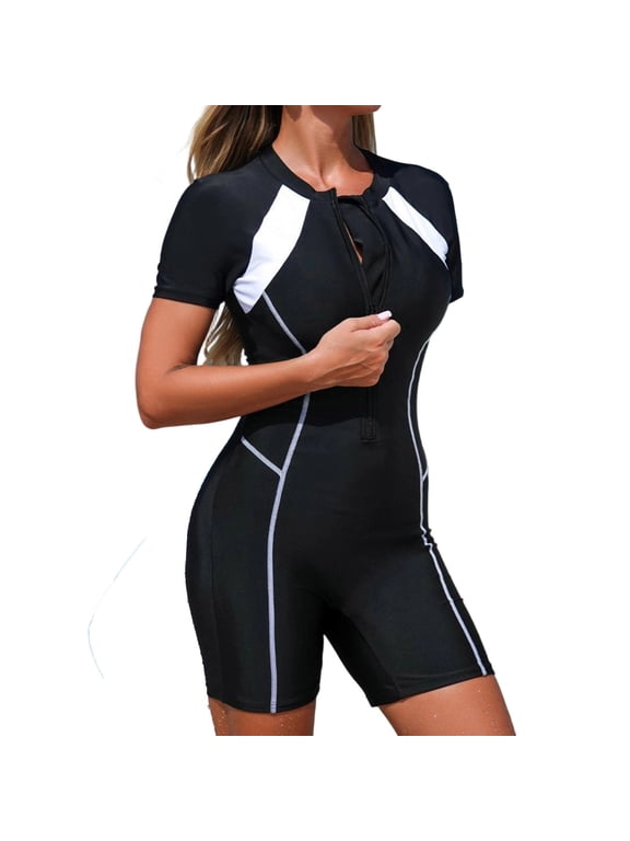 Women's One Piece Boyleg Rash Guard Swimsuit Short Sleeve Half Zipper Surfing Swimwear Black