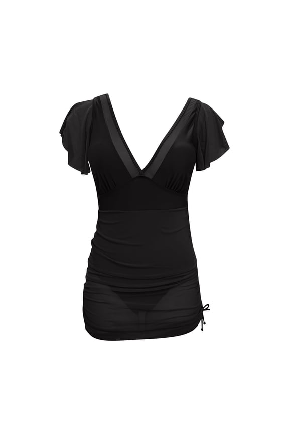 Women's One Piece Ruffle Swimsuit Tummy Control Bathing Suit V Neck Mesh Lace up Swim Suit Slimming Swimwear Set Black