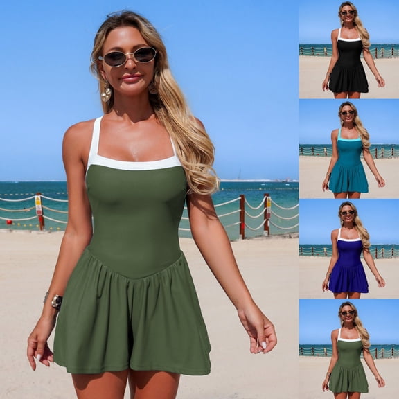 FRSASU Women's One Piece Swimsuit with Skirt Ruched Ruffle Tummy Control Swim Dress Bathing Suit (with Detachable Chest Cushion) Dark Blue