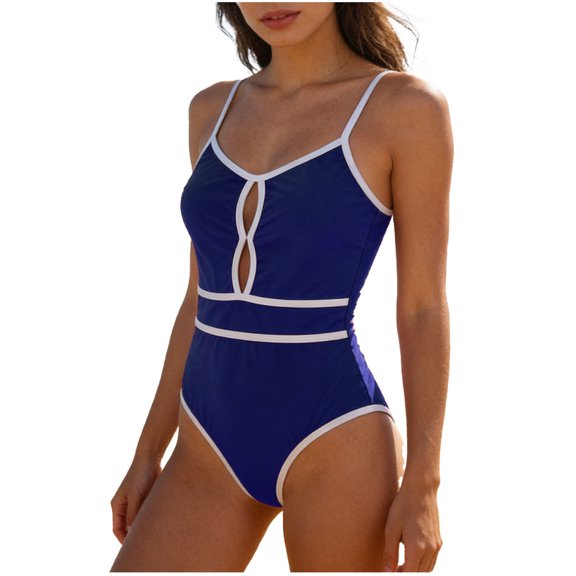 FRSASU Women's One Piece Swimsuits Tummy Control Bathing Suits Adjustable Back Strap V Neck Boho Full Coverage Swimwear Navy