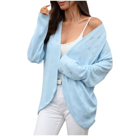 FRSASU Women's Open Front Cardigan Solid Color Long Sleeve Loose Fitting Casual Crewneck Knit Cardigans Sweater Light Blue XL(XL)