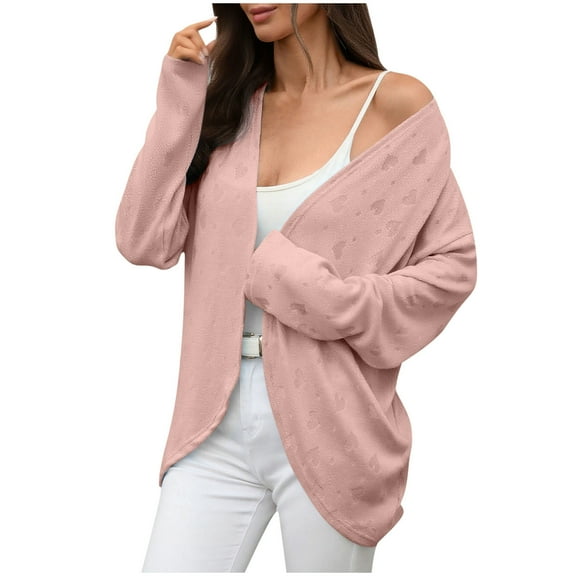 FRSASU Women's Open Front Cardigan Solid Color Long Sleeve Loose Fitting Casual Crewneck Knit Cardigans Sweater Pink L(L)